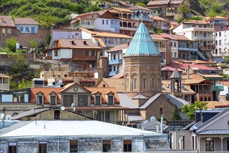 Aerial view with houses with traditional wooden carving balconies of Old Town of Tbilisi, Republic