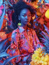 Woman in a floral dress with neon lighting and vibrant tropical backdrop, exuding elegance and