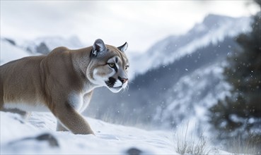 A mountain lion prowls through a snowy landscape with mountains in the background, conveying a