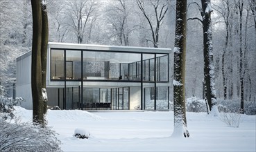 A large glass house is surrounded by snow and trees. The house is empty and the snow is piled up