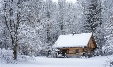 A small log cabin is covered in snow and surrounded by trees. The cabin is the only building in the