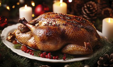 A large roasted turkey is sitting on a white plate with a red and green Christmas tree in the