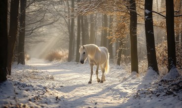 A white horse is walking through a snowy forest. Concept of tranquility and peacefulness, as the