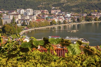 Ohrid, North Macedonia panoramic aerial view of houses, lake and promenade