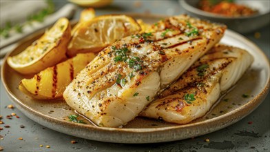 Grilled fish fillet garnished with lemon wedges and herbs on a plate, seasoned with spices, AI