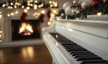 A white piano is in front of a fireplace with a Christmas tree and stockings. Scene is warm and