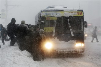 PETROPAVLOVSK CITY, KAMCHATKA PENINSULA, RUSSIA, DECEMBER 26, 2017: Winter city life during heavy