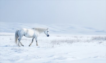 A white horse is walking through a snowy field. The scene is peaceful and serene, with the horse