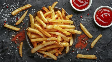 French fries served in a black bowl with two cups of ketchup, sprinkled with salt and spices on a