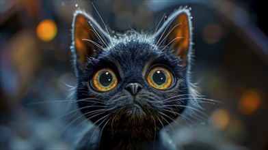 A black kitten with big orange eyes and wet fur stares at night, featuring a shiny bokeh