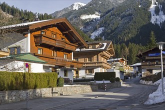 Modern houses in the ski resort of Mayrhofen, built in the traditional Tyrolean style. Tyrol,