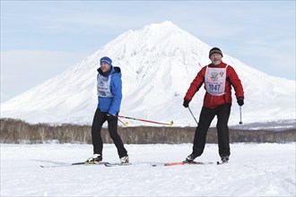 PETROPAVLOVSK CITY, KAMCHATKA PENINSULA, RUSSIAN FAR EAST, FEB 10, 2018: Skiers-men running along