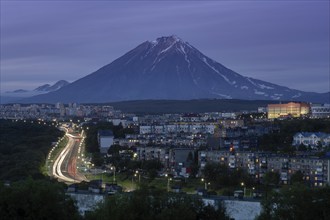 Summer cityscape of Kamchatka Peninsula: night view of urban development of