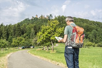 Male hiker looking at his hiking guidebook