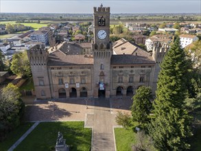 Busseto, Parma, Italy November 3rd 2024 Aerial view of palazzo orlandi torre, town hall, showcasing