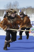 PETROPAVLOVSK CITY, KAMCHATKA PENINSULA, RUSSIA, MAR 1, 2018: Incendiary dance of indigenous