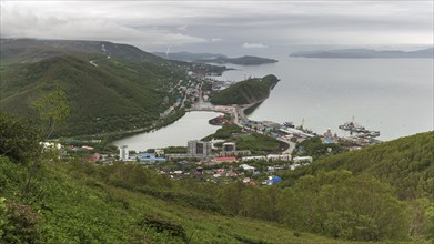 Summer cityscape of Kamchatka Peninsula: scenery top view of seaport, center of