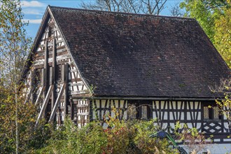 Old half-timbered house with supports, Bad Wurzach, Allgäu, Baden-Württemberg, Germany, Europe