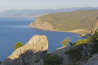 The Black Sea coast. Sunny morning. View to the west from the top of the Karaul-Oba. Novyy Svet,