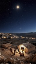 A serene nativity scene set in the village of Bethlehem, illuminated by a bright guiding star under