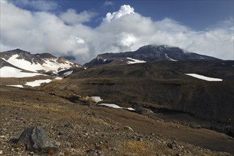 Volcanic landscape of Kamchatka: picturesque view of Mutnovsky Volcano, fumarolic activity of