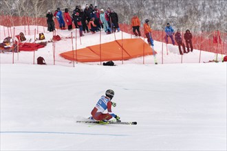 KAMCHATKA PENINSULA, RUSSIAN FEDERATION, APRIL 2, 2019: Mountain skier Konstantin Ryabitsa Moscow