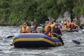 FAST RIVER, KAMCHATKA PENINSULA, RUSSIAN FAR EAST, JULY 15, 2016: Summer rafting on Kamchatka in