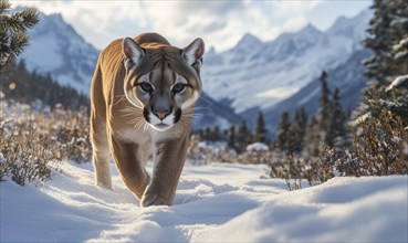 A mountain lion strides along a snowy path amidst a backdrop of mountains and forest, creating a