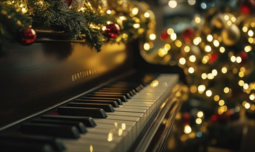 A piano is surrounded by Christmas decorations, including a tree with lights. Scene is festive and