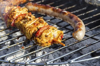 Chicken skewer and sausage on a barbecue grill