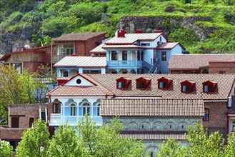 Aerial view with houses with traditional wooden carving balconies of Old Town of Tbilisi, Republic