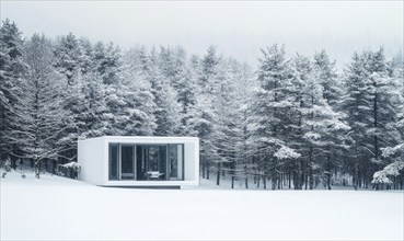 A small white cabin is surrounded by trees covered in snow. The cabin is empty and the snow is