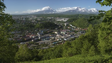 PETROPAVLOVSK CITY, KAMCHATKA PENINSULA, RUSSIAN FAR EAST, JULY 8, 2018: Summer panoramic cityscape