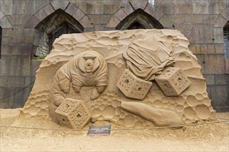 Saint Petersburg, Russia, June 13, 2019: The exhibition of sand sculptures at the Peter and Paul