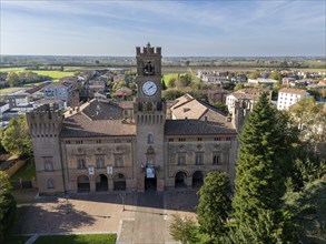 Busseto, Parma, Italy November 3rd 2024 Aerial view of palazzo orlandi torre, town hall, showcasing