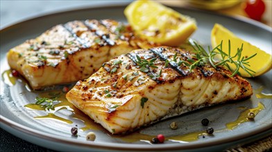 Two pieces of grilled fish garnished with rosemary and lemon on a gray plate with a drizzle of oil,