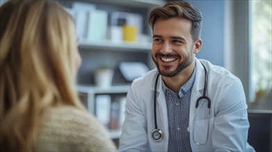 Male doctor with short hair, smiling in a professional office setting, AI generated