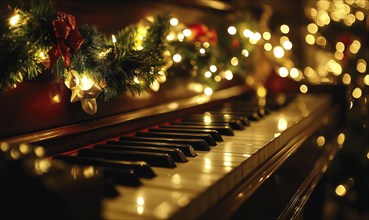 A piano with a wreath of Christmas lights hanging from it. The lights are shining on the keys,