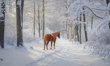 A horse is standing in the snow in a forest. Concept of tranquility and peacefulness, as the horse