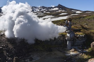 Emission of natural mineral thermal water, steam (steam-water mixture) from geological well in