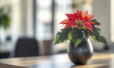 A small red poinsettia plant is sitting in a black vase on a table. The vase is placed on a wooden