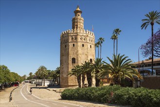 Torre del Oro Gold Tower medieval landmark from early 13th century in Seville, Spain, Andalusia