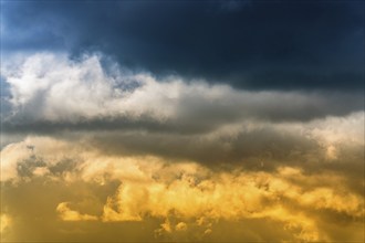 Dramatic blue thunderclouds on top and yellow-golden fluffy clouds illuminated by rays of sun on