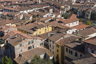 Cityscape with rooftops of Lucca town from Torre Ginigi tower. Tuscany central Italy