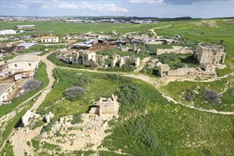 Drone aerial view of an abandoned deserted village. Ruins of deserted old town. Petrofani,