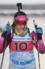 Portrait of Russian sportswoman biathlete Anastasia Ivchenko during Regional junior biathlon