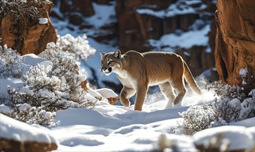 A mountain lion walks through a snowy canyon with sunlit red rocks, evoking a sense of adventure