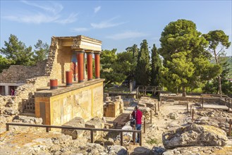 Knossos, Greece, April 27, 2019: People visiting Crete landmark, ruins of Minoan Palace, Europe