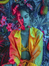 Stylish portrait with a neon tropical theme, featuring a woman in a yellow jacket with floral