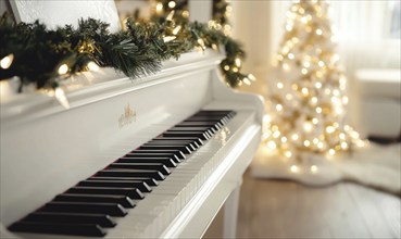 A white grand piano is surrounded by a Christmas tree and a wreath. Scene is festive and joyful, as